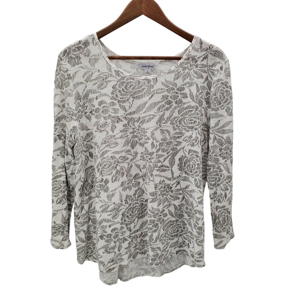 Lucky Brand Womens Linen Blend Floral Long Sleeve Shirt Top Large L White Gray